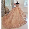 2022 Pink Ruffles Handmade Flowers Ball Gown Quinceanera Dress Off The Shoulder Short Sleeve Appliques Lace Vestidos De 15 16 Años