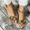 Zomer open teen schoenen sorphio gouden slip op buitenmerk dames ins hot metal chain platte slippers pers