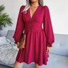 Casual Kleider Reine Farbe Elegante Kleid Frauen Drapierte Hohe Taille Damen Party V-ausschnitt Langarm Sexy Kurze Für Frau 2022