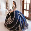 Vintage Princess Straps Quinceanera Dresses Wih Gold Appliques Navy Blue Formal Pageant Ball Gown Sweet 16 Dress Luxury 15 Prom Brithday Party Gowns For Girls