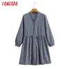 Tangada Autumn winter women plaid print shirt dress long sleeve office ladies short dress SY135 210609