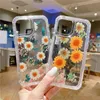 3 em 1 casos transparentes de flor seco real para iPhone 13 13PRO 12 11 PRO XS MAX X XR 6 7 8 Mais Bling Folha à prova de choque Dupla camada de proteção DUAL PC Soft TPU Case Telefone Capa