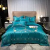 Conjuntos de cama Luxo Rose Blue Set Temperamento de coroa Tampa de edredão Lavagem de seda / folha de algodão longa 1.5 / 2.0m Cama Home Têxtil