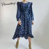 Yitimuceng Polka Dot Sukienki Kobiety Lace Up Korean Fashion Midi Sukienka Z Długim Rękawem Office Lady Blue Black Sundress Spring 210601