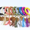 Wood Beaded Bracelet Keychain Blank Disc Tassel Key Ring Pendant Pure Multicolor Optional DD533