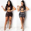 Dstring Ruched Bandage Two Piece Skirt Set for Women SleevelHollow Out Crop Tops Mini Skirt Matching Set Outfits Clubwear X0709 X0721