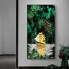 Yeşil Giriş Boyama Altın Tekne Kuş Duvar Sanatı Resimleri Oturma Odası Için Ev Dekorasyonu Tropikal Bitkiler Posterler Tuval Baskılar