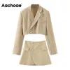 Aachoae Fashion 2 Piece Set Women Blazer Skirt Suit Solid Color Cropped Blazer Sets Ladies Side Split Mini Skirts Outfits 210730