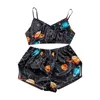 Suspender simulation silk screen printed women's leisure comfortable sexy charm home clothes two-piece set 211202