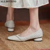 AllBeFO Grootte: 34-41 echt leer + doek Low-hakken comfortabel feest vrouwen schoenen dikke hakken vrouwen hakken schoenen meisjes schoenen 210611