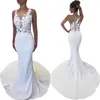 2022 Skromne białe sukienki ślubne syreny uk Sheer Szyjka Smukła obcisła kwiatowa aplikacja Illusion Back Boho Bridal Sukienka Fitt295p
