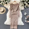 Autumn Sweater Women Dresses Solid O-neck Long Sleeve Bodycon Midi Dress Button Deco Front Split Work Party Knit 2021