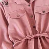 YuooMuoo Vintage poches conception femmes chemise robe automne hiver cordon une ligne robe mi-longue élégantes dames robes de bureau 210806