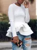 Dames T-shirt Wit Ruffle Zoom Herfst Winter Lange Mouw Vrouwen Tops Blouses Office Lady Elegant Zwart Rood Casual Peplum Vrouw