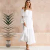 Teelynn Long Boho платье белый хлопок Rayon Sexy с плеча пляж Sundress с длинным рукавом Сращивание кружева женские платья VestiDo 210306