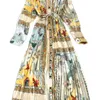 Весенние женщины плиссированные платье стенд воротник желтый Геометрические напечатанные с длинными рукавами на шнуровке однобортное серединное телефонское платье 210715