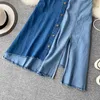 Ins Contrasting Color Stitching Fashion Irregular High Waist A- Line Split Denim Skirt Women Elegant Harajuku M518 210527
