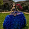 Koninklijke Blauwe Prinses Quinceanera Jurken Kralen Gouden Kant Embrodiry Lace-Up Corset Ruffles Party Sweet 16 Toga Vestidos de 15