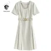 FANSILANEN Short sleeve pleated plaid dress Women vintage belt slim summer Female elegant green office midi vestidos 210607