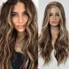 Perucas sintéticas emmor longo marrom com loira para mulheres natural macio cabelo ondulado calor resistente ao calor wig peruca festa cosplay