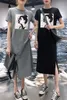Летние женщины ромашка платье с коротким рукавом вскользь нижний печать MIDI черные футболки платья на шеи женщины корейская одежда Vestidos 210623