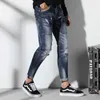 Mode Streetwear hommes jean rétro bleu poches plaquées concepteur déchiré pour élastique coupe ajustée Hip Hop Punk pantalon Homme DO36