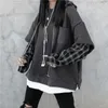 Deeptown Çizgili Kazak Kadınlar Için Siyah Gotik Tarzı Hoodie Patchwork Grunge Uzun Kollu Ekose Kazaklar Kore Moda 211027