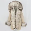のファッションの冬のジャケットの女性の本物の毛皮のコートの自然な本物のキツネの毛皮の襟緩い長いパーカーの大きな毛皮の上着の取り外し可能210927
