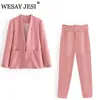 Wesay Jesi Dames Office Pak Fashion Blazer Pantsuit Simple Solid Color Pak Collar Lange Mouw + Broek 2 Stuk Set Blazer 211007