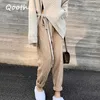 Qooth coréen Chic automne hiver femmes solide torsadé tissé sarouel pantalons longs décontracté tricoté coton femme bas QT191 210609