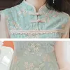Elegante stile cinese Cheongsam Midi Green Green Sheath Vestidos de Fiesta Paesaggio Destello floreale da donna a metà del calibro 210603