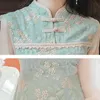 エレガントな中華風チャイナズームMIDIグリーンシースVestidos de Fiesta Sequinsドレス花刺繍ミッドカーフ女性210603