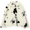 Koreanska Small Cow Mönster Imitation Mink Fur Coat Kvinnlig Kort Tjock Svartvitt Spotted Plush Coat 211018