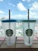 Web célébrité Tik Tok sirène Starbucks Mugs 24OZ/710ml Mug Changement de couleur froide L'arc-en-ciel Réutilisable Potable Fond Plat Tasse Pilier Forme Couvercle Paille Tasse Bardian 5pcs