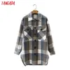 Tangada Kobiety Brown Plaid Grube Wełniane Płaszcze Kurtka Zagładnione Długie Rękawy Pocket Damska Elegancka Jesień Winter Coat 2m113 211109