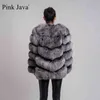 Rosa Java 8066 Högkvalitativ Kvinnor Real Fur Coat Wihter Varm Tjock Jacka Äkta Korta Lång Ärmar 211110