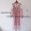 2021 neue Frauen Mode Kleid Stehkragen Laterne Hülse Mesh Kleid Durchsichtige Spitze Stickerei Fee Kleid Femme Vestidos Robe 210316