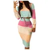 Kvinnor Mode Långärmad Top Checker Print Drawstring Shirred Kjol Set Sommar för Outfit 220302