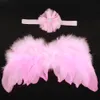 Baby Angel Wing + Elastische Chiffon Bloem Hoofdbanden Cosplay Fotografie Props Set Pasgeboren Mooie Roze Witte Veer Kostuum Foto Hoofdband Baw04