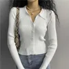 Korea Retro Sweater Tops Höst Single-breasted Polo Collar Stickad Skjortor Kvinna Långärmad Striped Solid Crop Top White 211018