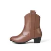 メチナ秋の西部のブーツ女性ブーツPUレザー厚いヒールアンクルブーツスリップ丸いつま先の靴の女性冬のプラスサイズ34-45 210608