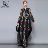 LD LINDA DELLA ランウェイマキシドレス プラスサイズ レディース 長袖 リボン襟 ヴィンテージ 花柄 シフォン パーティー ホリデー ロングドレス 210309