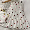 Falda plisada de costura con bordado de fresa dulce de algodón y lino falda larga acampanada de cintura alta elástica coreana para mujer 210619
