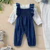 Kids Clothing Sets Girls Outfits Baby Clothes Children Fall Children'S Long-Sleeved Lace T-Shirt Denim Ruffled Lotus Leaf Side Strap Jumpsui