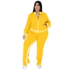 Plus Größe L-5XL Zwei Stück Set Frauen Sweatsuit Reißverschluss Gestreiftes Top Schlitz Jogginghose Jogger Outfit Passenden Set Großhandel Drop 210709