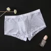 Unterhosen 2021 Sexy Streifen Männer Mesh Transparent Boxer Niedrige Taille Ultradünne Eis Seide Atmungsaktive Männer Herren Unterwäsche Boxer