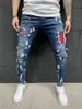 Men's Skinny jeans Casual Slim Painted Jeans Denim Knee Hole Patchwork Ripped Pants Washed High quality 289p