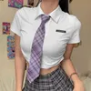 Chic femmes t-shirt avec cravate col rabattu à manches courtes lettres T-shirts décontracté Streetwear mince haut court 210603