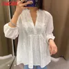 Tangada Women Oversized Embroidery Romantic Blouse Shirt Long Sleeve Chic Female Shirt Tops 6H7 210609