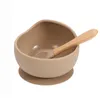 Baby Silicone Feeding Set Wooden Spoon Suction Bowl Plate Kids Toddler Assist Tableware BPA Free High Quality 211026